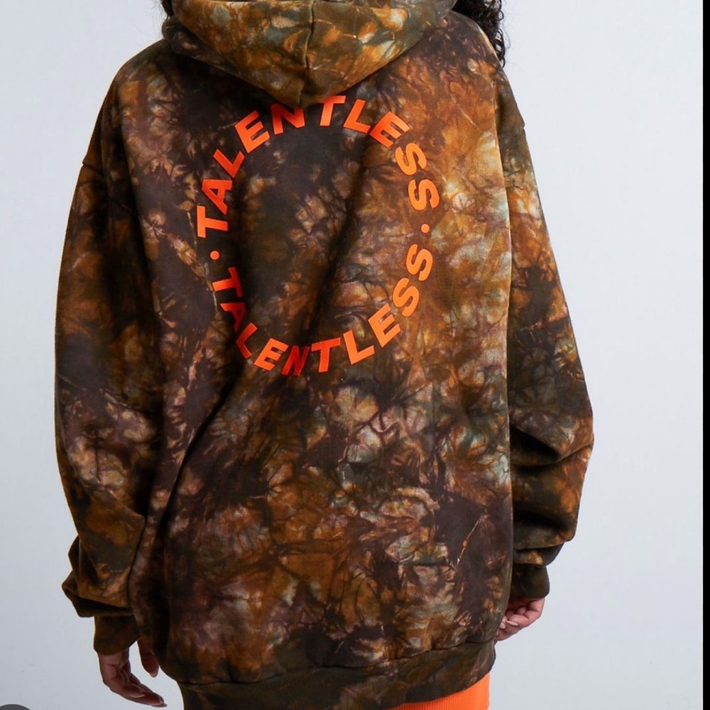 TALENTLESS Brown Tie-Dye Hoodie with Orange Logo